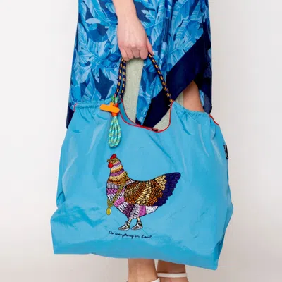 Fashnzfab Embroidered Chicken Rope Nylon Tote Bag In Blue