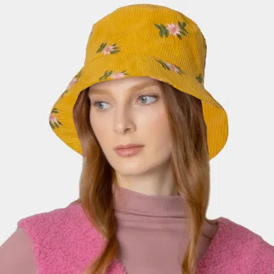 Fashnzfab Embroidered Floral Corduroy Bucket Hat In Yellow