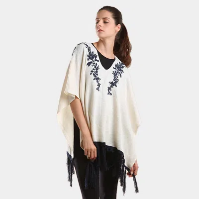 Fashnzfab Embroidered Flower Vine & Tassel Poncho Sweater In Blue