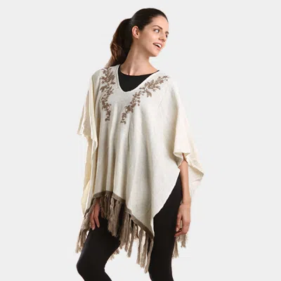 Fashnzfab Embroidered Flower Vine & Tassel Poncho Sweater In Neutral