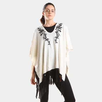 Fashnzfab Embroidered Flower Vine & Tassel Poncho Sweater In White