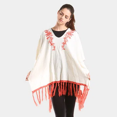 Fashnzfab Embroidered Flower Vine & Tassel Poncho Sweater In White