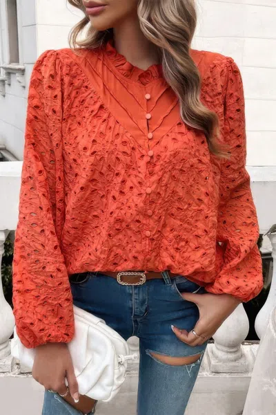 Fashnzfab Embroidered Lace Button Down Hollow Out Shirt
