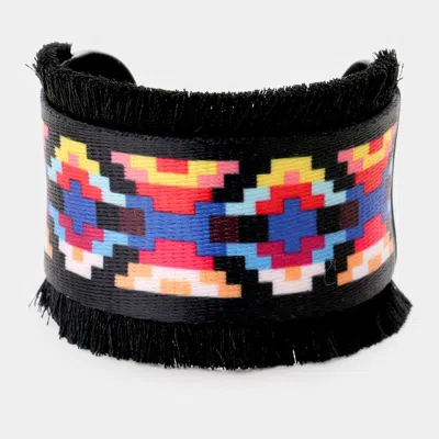 Fashnzfab Embroidery Boho Pattern Tassel Trim Cuff Bracelet Black, Multi
