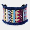 Fashnzfab Embroidery Boho Pattern Tassel Trim Cuff Bracelet Blue, Multi In Multi