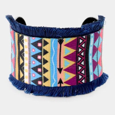 Fashnzfab Embroidery Boho Pattern Tassel Trim Cuff Bracelet Blue, Multi
