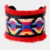 Fashnzfab Embroidery Boho Pattern Tassel Trim Cuff Bracelet Multi, Red In Multi