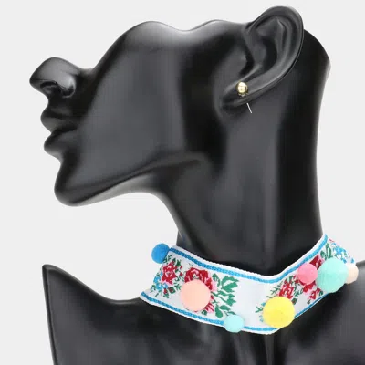 Fashnzfab Embroidery Flower Pom Pom Choker Necklace In Multi