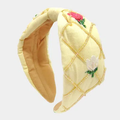 Fashnzfab Embroidery Flower Seed Beaded Lattice Burnout Knot Headband In Yellow