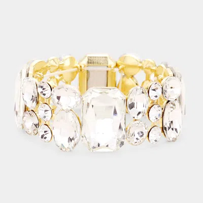 Fashnzfab Emerald Cut Crystal Accented Stretch Evening Bracelet Clear, Gold In Silver