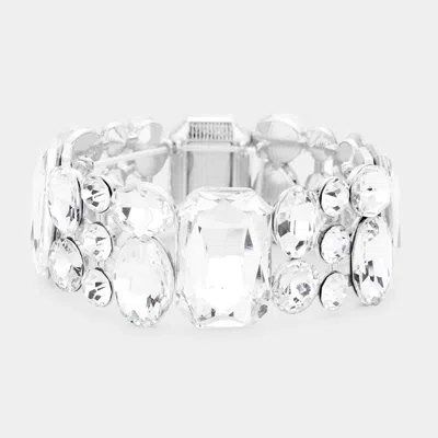 Fashnzfab Emerald Cut Crystal Accented Stretch Evening Bracelet Clear, Silver