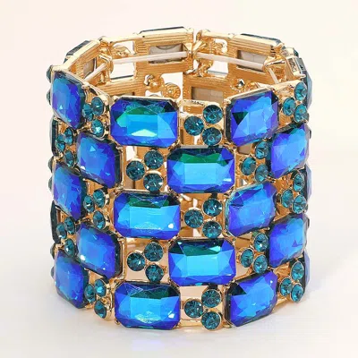 Fashnzfab Emerald Cut Crystal Stretch Evening Bracelet Ab, Blue, Gold In Multi