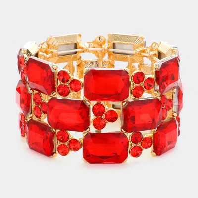 Fashnzfab Emerald Cut Stone Accented Evening Stretch Bracelet Red