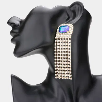 Fashnzfab Emerald Cut Stone Accented Rhinestone Fringe Dangle Evening Earrings - Blue In White
