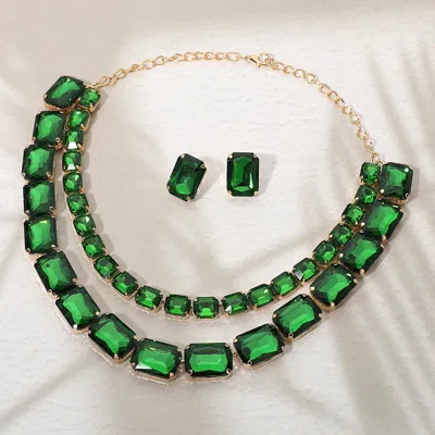 Fashnzfab Emerald Cut Stone Cluster Link Double Layered Evening Necklace In Green