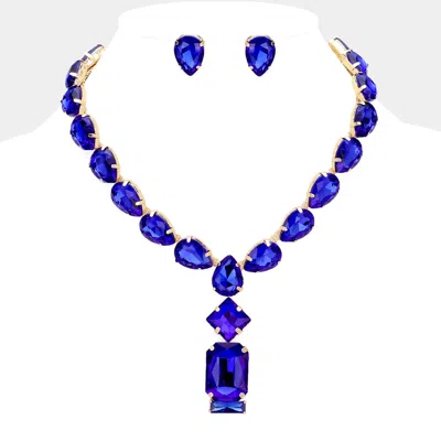 Fashnzfab Emerald Cut Stone Cluster Pendant Pointed Teardrop Stone Cluster Link Evening Necklace In Blue