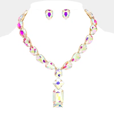 Fashnzfab Emerald Cut Stone Cluster Pendant Pointed Teardrop Stone Cluster Link Evening Necklace In Multi