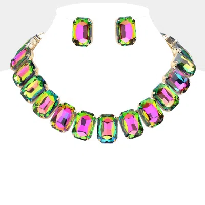 Fashnzfab Emerald Cut Stone Collar Evening Necklace In Green