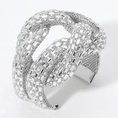 Fashnzfab Emerald Cut Stone Embellished Knot Cuff Bracelet Clear, Rhodium In Multi