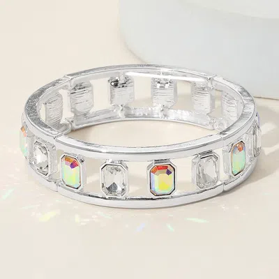 Fashnzfab Emerald Cut Stone Embellished Open Frame Stretch Bracelet Ab, Silver