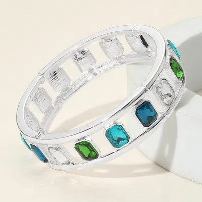 Fashnzfab Emerald Cut Stone Embellished Open Frame Stretch Bracelet Blue, Silver