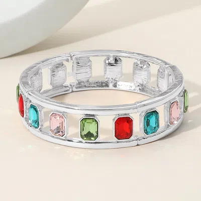 Fashnzfab Emerald Cut Stone Embellished Open Frame Stretch Bracelet Multi, Silver
