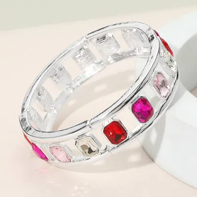 Fashnzfab Emerald Cut Stone Embellished Open Frame Stretch Bracelet Pink, Silver In Red
