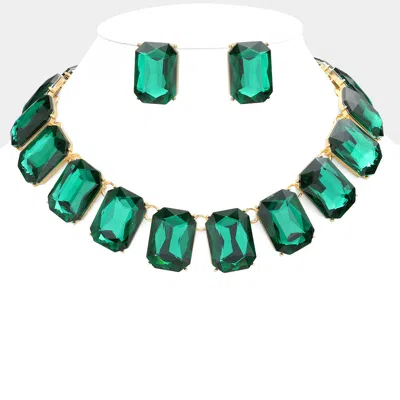 Fashnzfab Emerald Cut Stone Link Evening Necklace In Green
