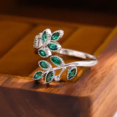 Fashnzfab Emerald Leaf Wrap Ring (adjustable) In Multi
