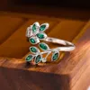 Fashnzfab Emerald Leaf Wrap Ring (adjustable) In Silver