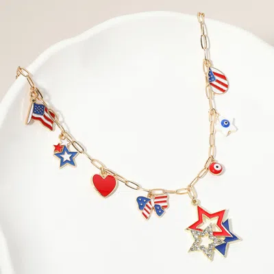 Fashnzfab Enamel American Usa Flag Bow Heart Star Evil Eye Charm Station Paperclip Chain Necklace - Gold, Mult In Multi