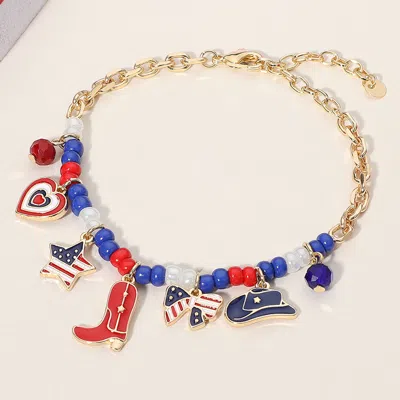 Fashnzfab Enamel American Usa Flag Bow Heart Western Cowboy Boot Hat Charm Station Beaded Bracelet In Multi