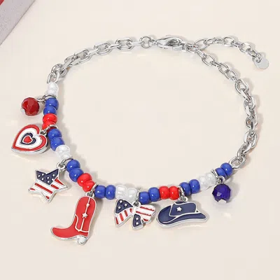 Fashnzfab Enamel American Usa Flag Bow Heart Western Cowboy Boot Hat Charm Station Beaded Bracelet Multi, Rhod