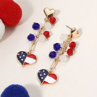 Fashnzfab Enamel American Usa Flag Heart Beaded Drop Chain Dangle Earrings In Gold