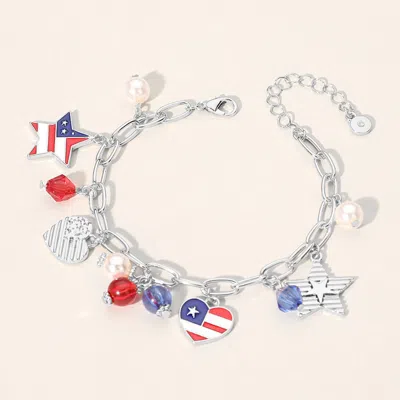 Fashnzfab Enamel American Usa Flag Heart Star Pearl Stone Charm Station Paperclip Chain Bracelet In Multi
