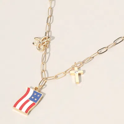 Fashnzfab Enamel American Usa Flag Metal Cross Bow Charm Station Paperclip Chain Necklace - Gold, Multi