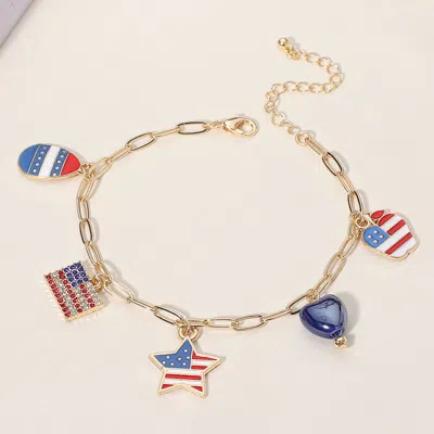 Fashnzfab Enamel American Usa Flag Star Apple Egg Heart Charm Station Paperclip Chain Bracelet Gold, Multi