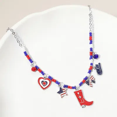 Fashnzfab Enamel American Usa Flag Western Boot Hat Bow Star Heart Charm Beaded Necklace - Multi, Rhodium In Blue