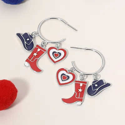 Fashnzfab Enamel American Usa Flag Western Boot Hat Heart Charm Dangle Hoop Earrings In Multi