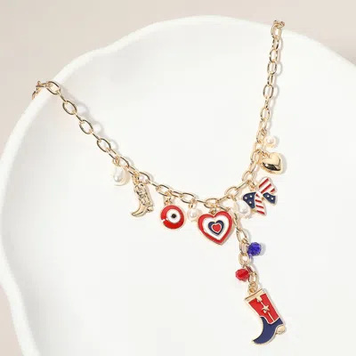 Fashnzfab Enamel American Usa Flag Western Cowboy Boot Bow Heart Pearl Charm Station Necklace - Gold, Multi