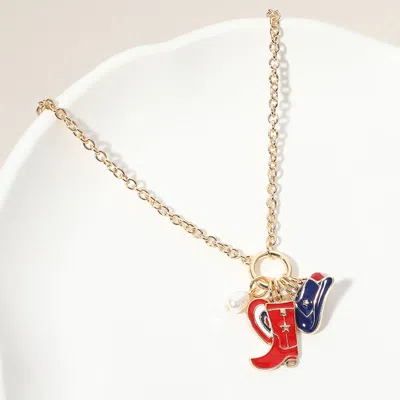 Fashnzfab Enamel American Usa Flag Western Cowboy Boot Hat Heart Pearl Charm Pendant Necklace - Gold, Multi In Red