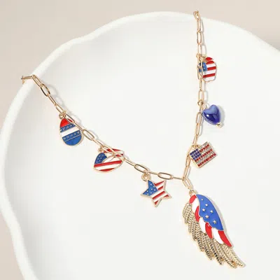 Fashnzfab Enamel American Usa Flag Wing Star Egg Heart Lips Apple Charm Station Paperclip Chain Necklace - Gol In Multi
