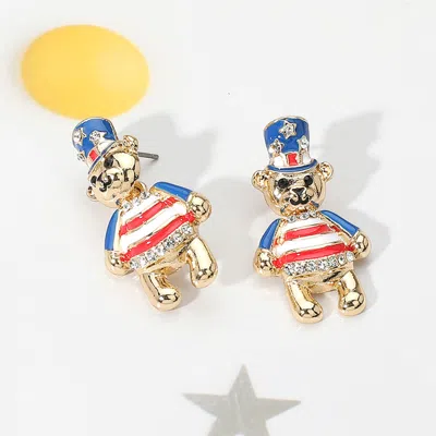 Fashnzfab Enamel American Usa Teddy Bear Dangle Earrings - Gold, Multi