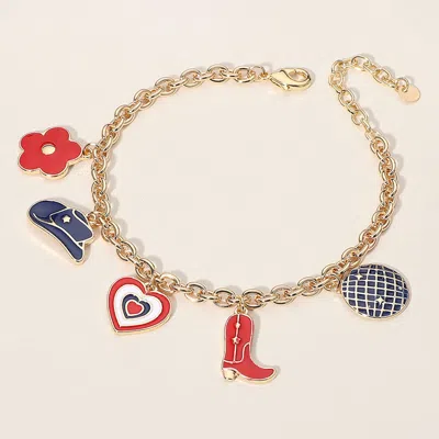 Fashnzfab Enamel American Usa Western Cowboy Boot Hat Heart Flower Charm Station Bracelet Gold, Multi In Red