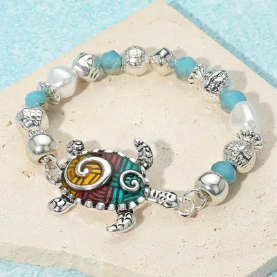 Fashnzfab Enamel Antique Metal Turtle Pearl Beaded Stretch Bracelet Antique Silver, Multi In Metallic