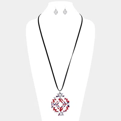 Fashnzfab Enamel Aztec Pattern Pendant Leather Long Necklace In Black