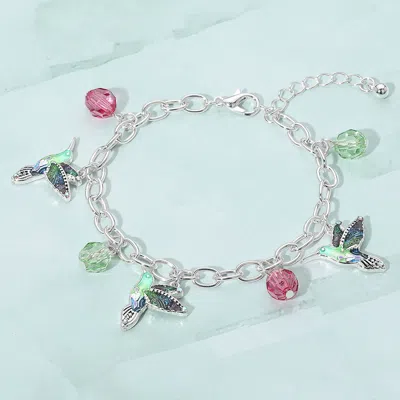 Fashnzfab Enamel Bird Faceted Beads Charm Station Bracelet Antique Silver, Multi
