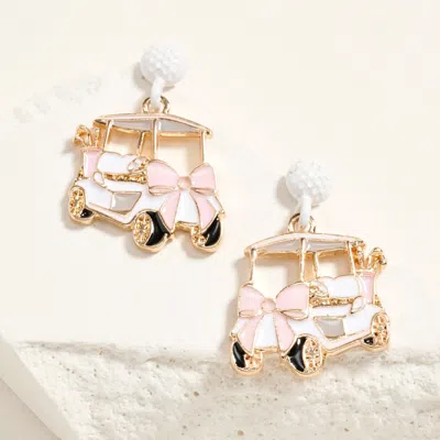 Fashnzfab Enamel Bow Accent Golf Cart Drop Dangle Earrings In Silver