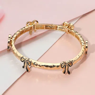 Fashnzfab Enamel Bow Accent Hammered Metal Bar Beaded Stretch Bracelet Black, Gold In Multi