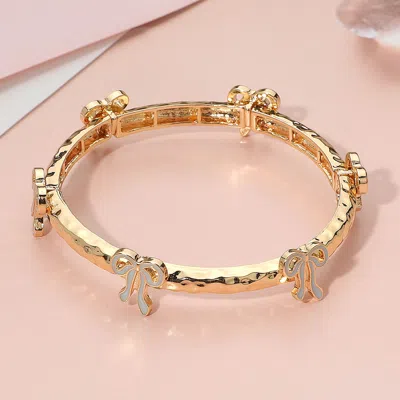 Fashnzfab Enamel Bow Accent Hammered Metal Bar Beaded Stretch Bracelet Gold, Light Blue In Multi